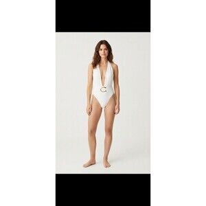 White Plunge Halter One Piece Swimsuit with Gold Buckle – Open Back